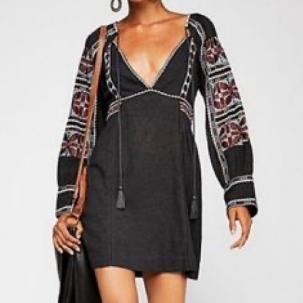 Free People Black Long Sleeve Dress with Red and White Accents